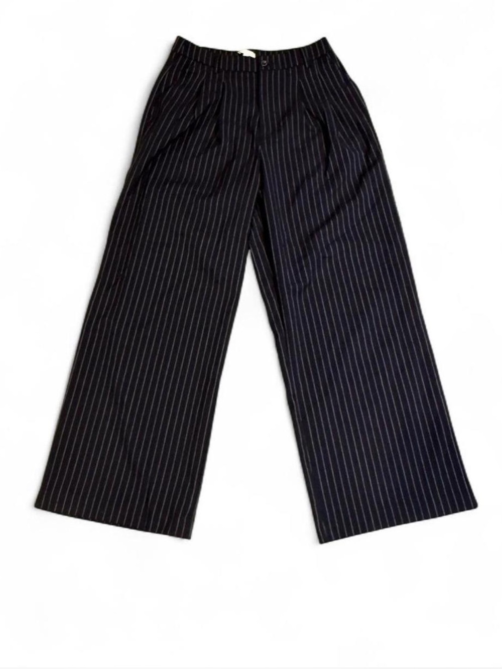 Wide Leg Pinstripe Trousers - Navy with White Stripes